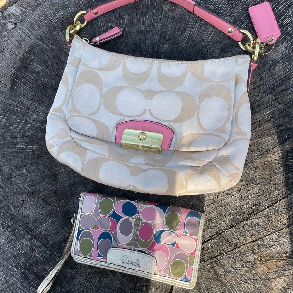 Coach Kristin tan signature pink leather hobo bag w/ free coach wallet!!